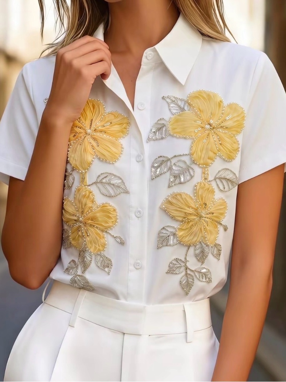 Embellished White Shirt with Yellow Floral Appliqué